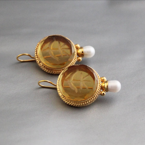 Citrine Intaglio Earrings, Victorian Gothic Drops