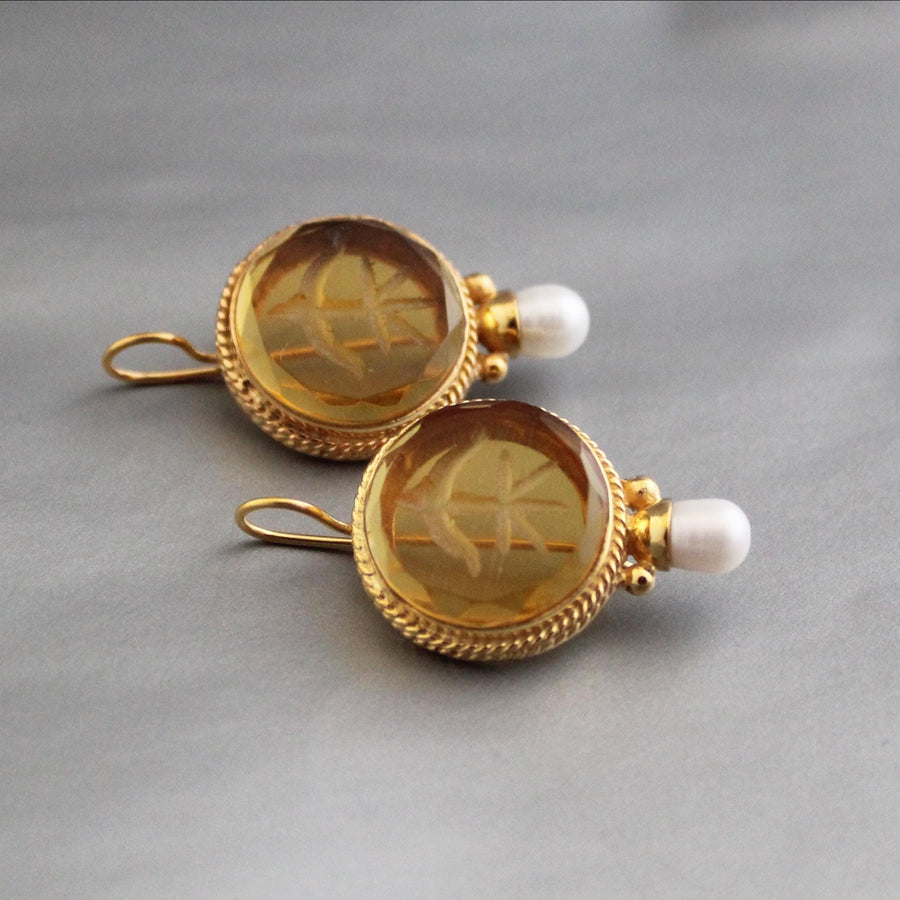 Citrine Intaglio Earrings, Victorian Gothic Drops