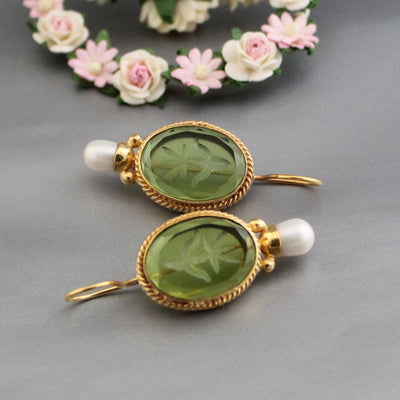 Green Intaglio Glass Earrings, Victorian Bridal Pearl Drops, 18K Gold Vermeil