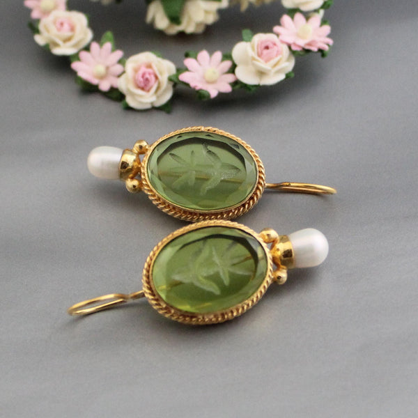 Green Intaglio Glass Earrings, Victorian Bridal Pearl Drops, 18K Gold Vermeil