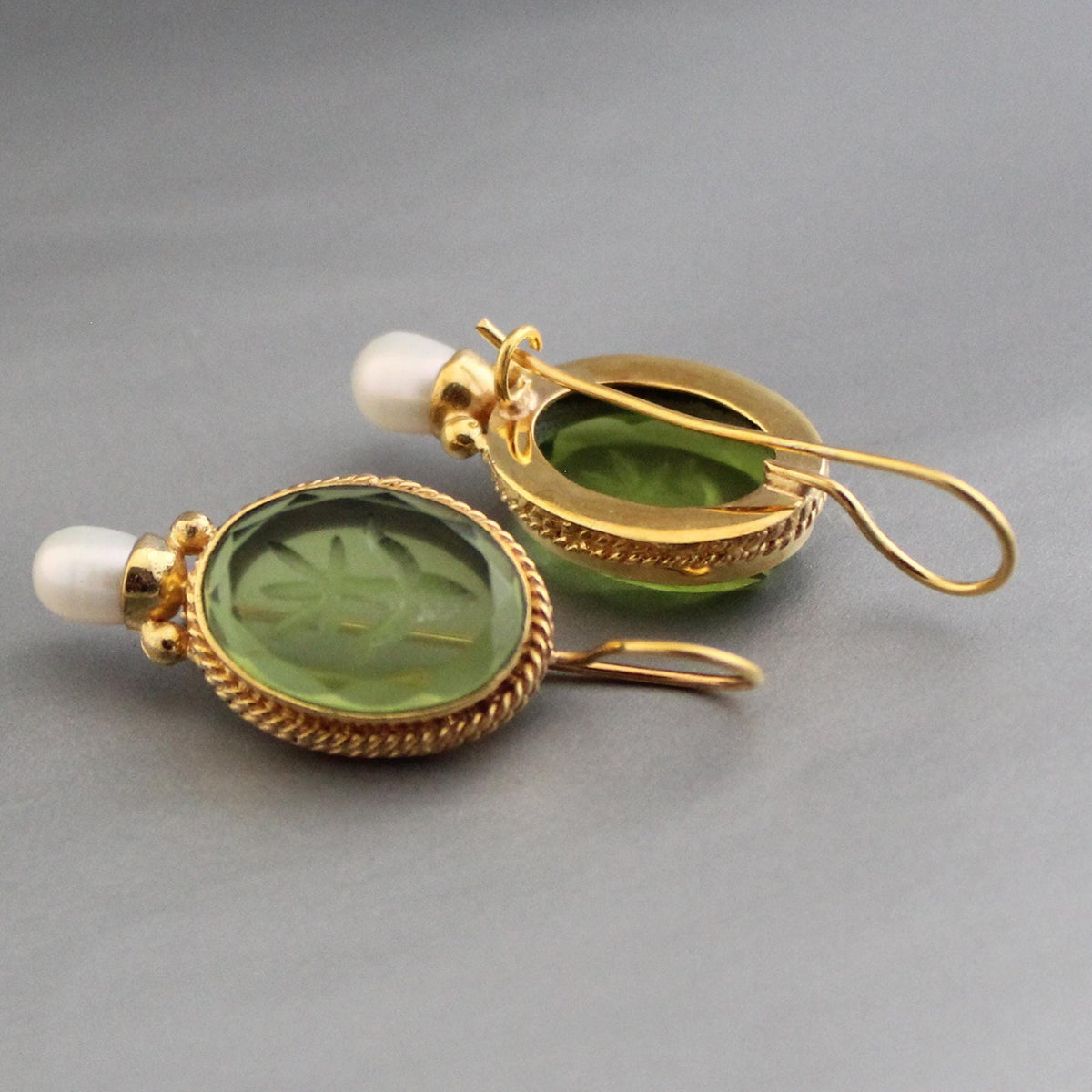 Green Intaglio Glass Earrings, Victorian Bridal Pearl Drops, 18K Gold Vermeil, photo 2