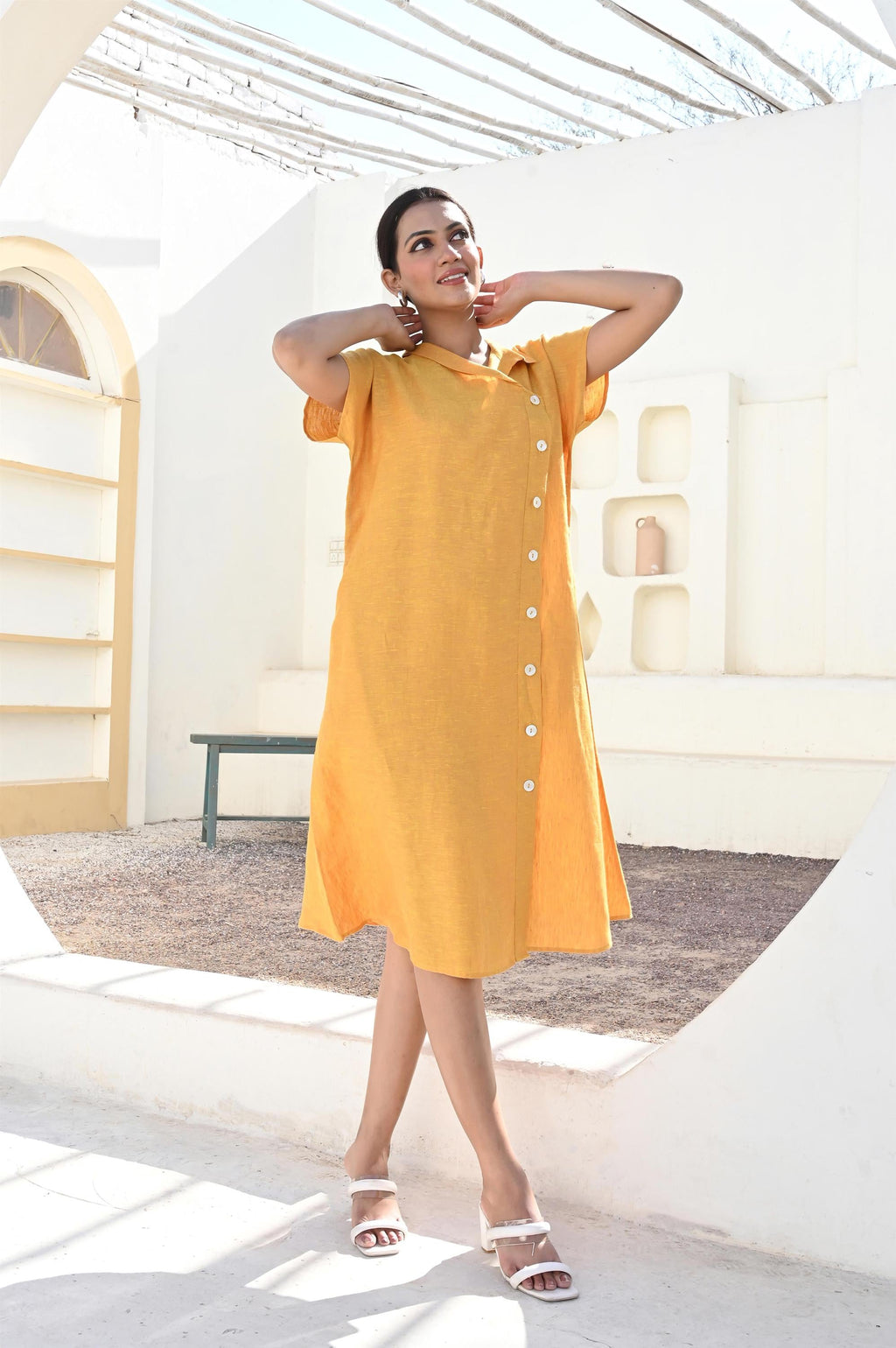 Linen Button Down Shirt Dress: Short Sleeve Collared Tunic