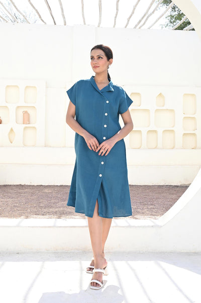 Blue Linen Shirt Dress: Button-Up Oversized Summer Dress With Pockets, Short Sleeve Summer Flax Dress