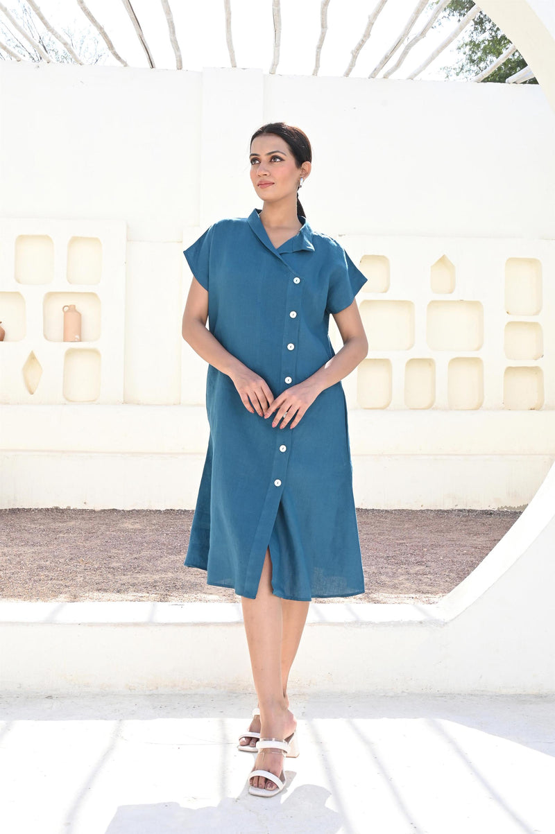 Blue Linen Shirt Dress: Button-Up Oversized Summer Dress With Pockets, Short Sleeve Summer Flax Dress