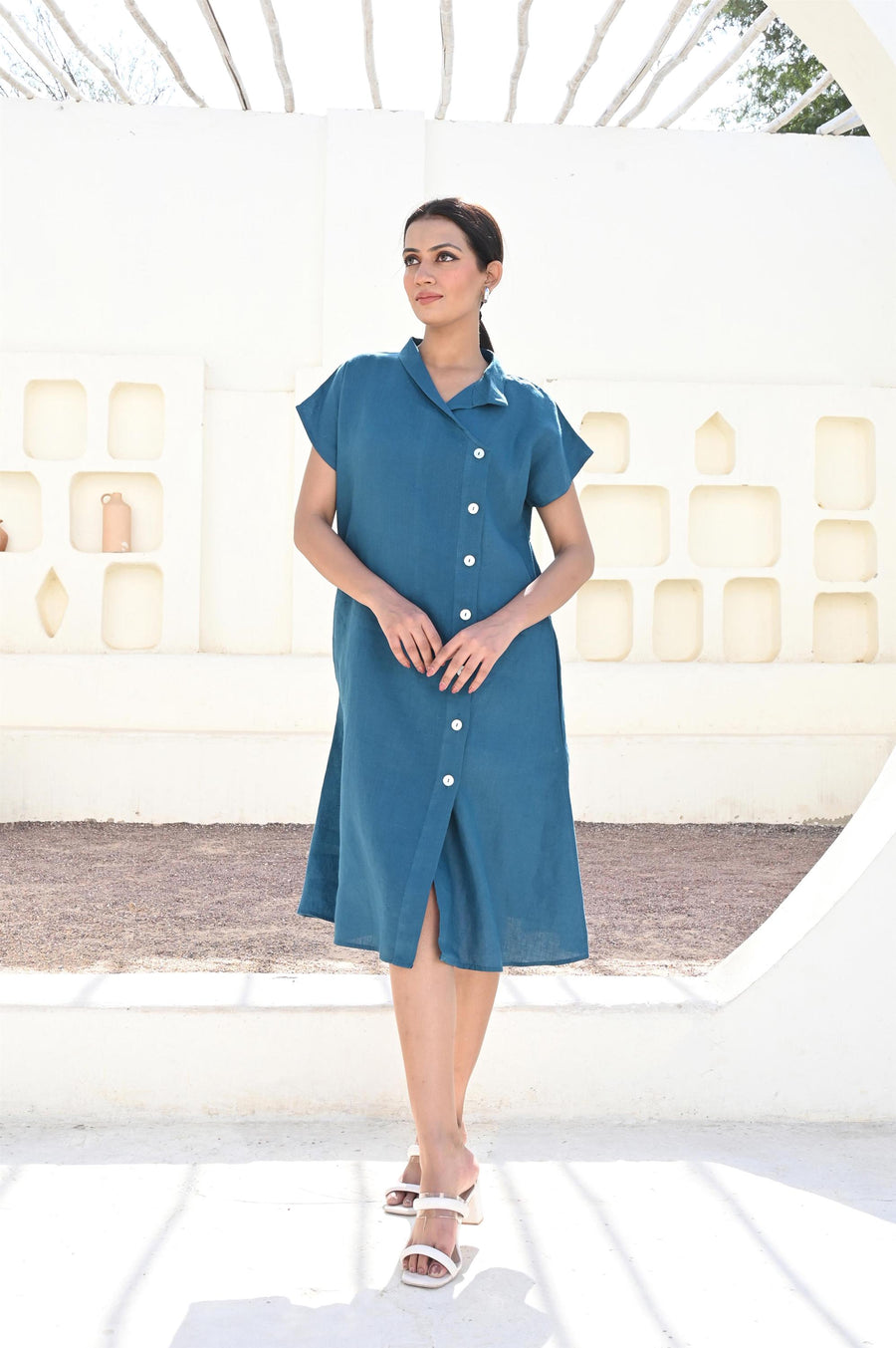 Blue Linen Shirt Dress: Button-Up Oversized Summer Dress With Pockets, Short Sleeve Summer Flax Dress