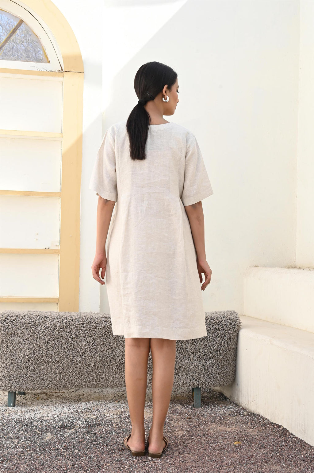 V-Neck Linen Dress, Half Sleeve Loose Fit Summer Dress, linen dress forwomen, linen midi sundress
