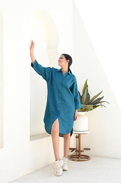 Linen Collar Shirt, Long sleeves Shirt, Blue Linen Shirt for women, Oversized Linen Shirt, 3/4 Sleeve Women Shirt