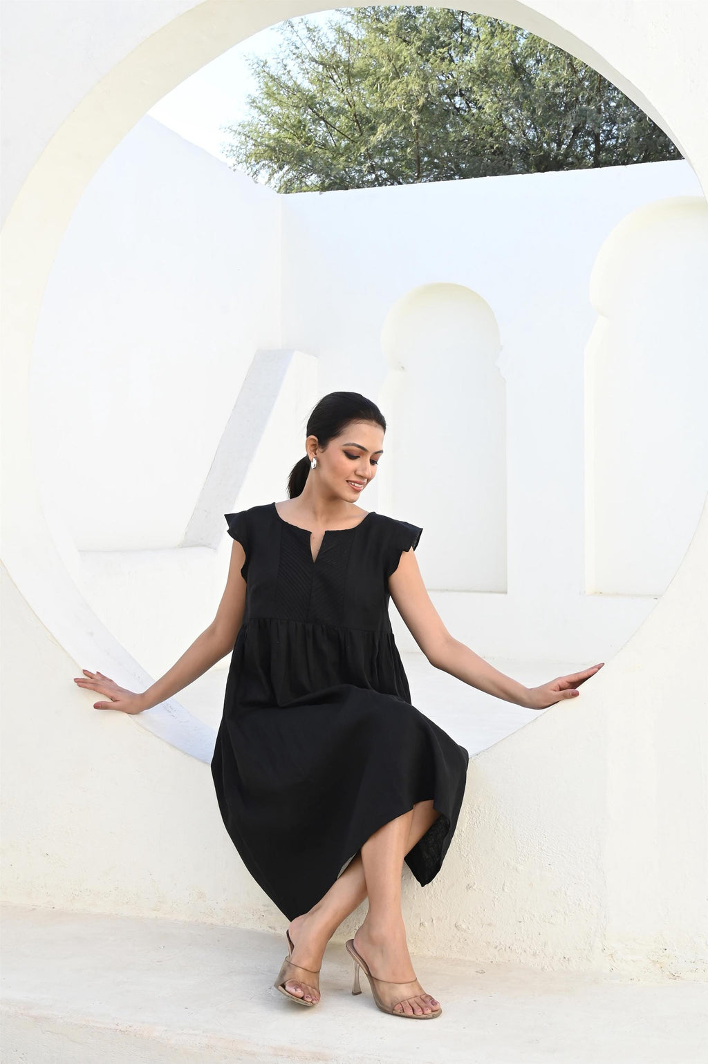 Black Linen Dress, Pin-Tucked Yoke, Ruffle Sleeves, Midi-Length Linen Dress with pockets, Casual Dress, Bridesmaid Dress, Mothers Day Gift