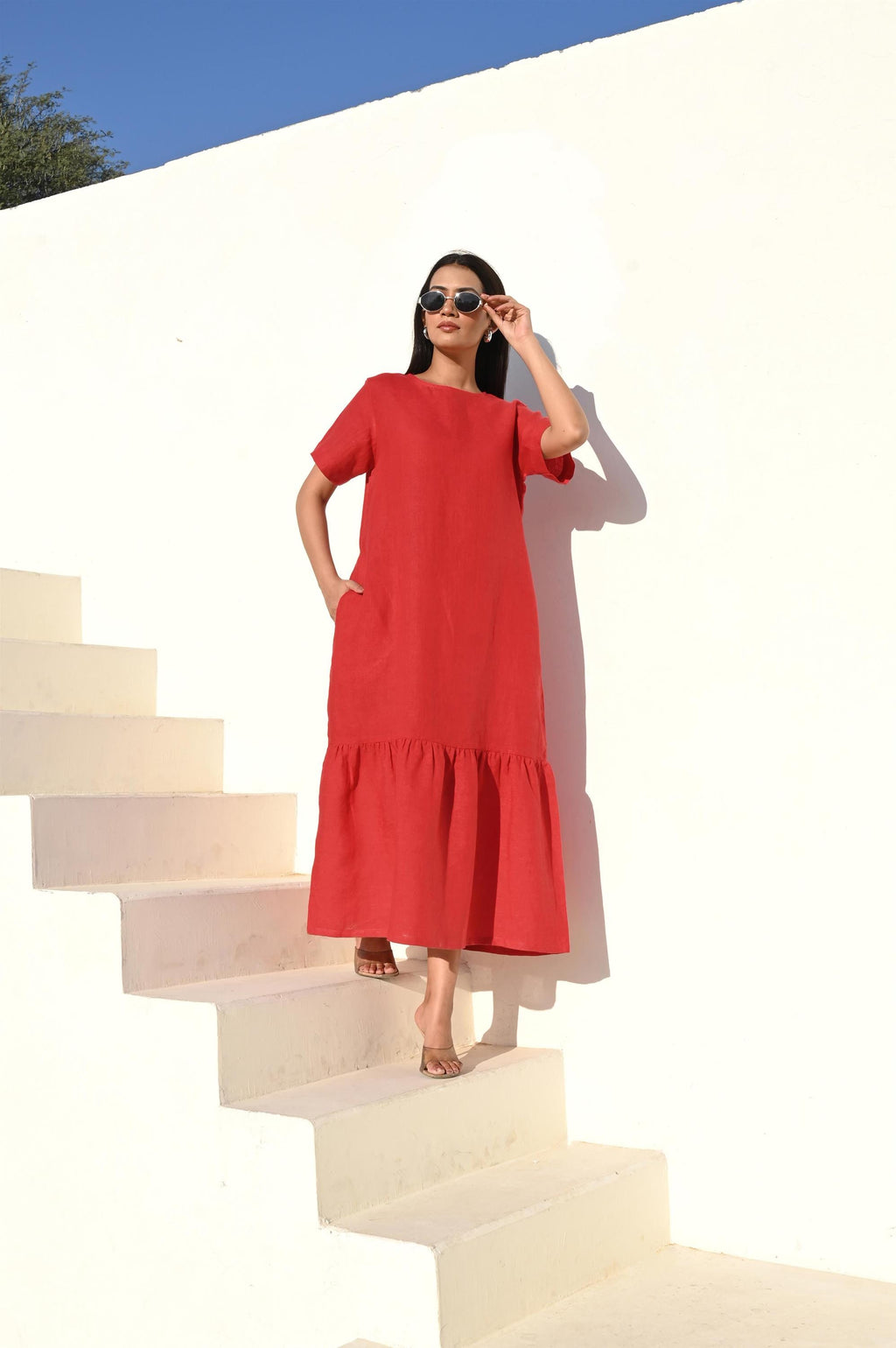 Linen Midi Dress with Pockets, Relaxed Fit, Gathered Hem, Romantic Maxi Linen Dress, Summer Beach Party Dress For Women
