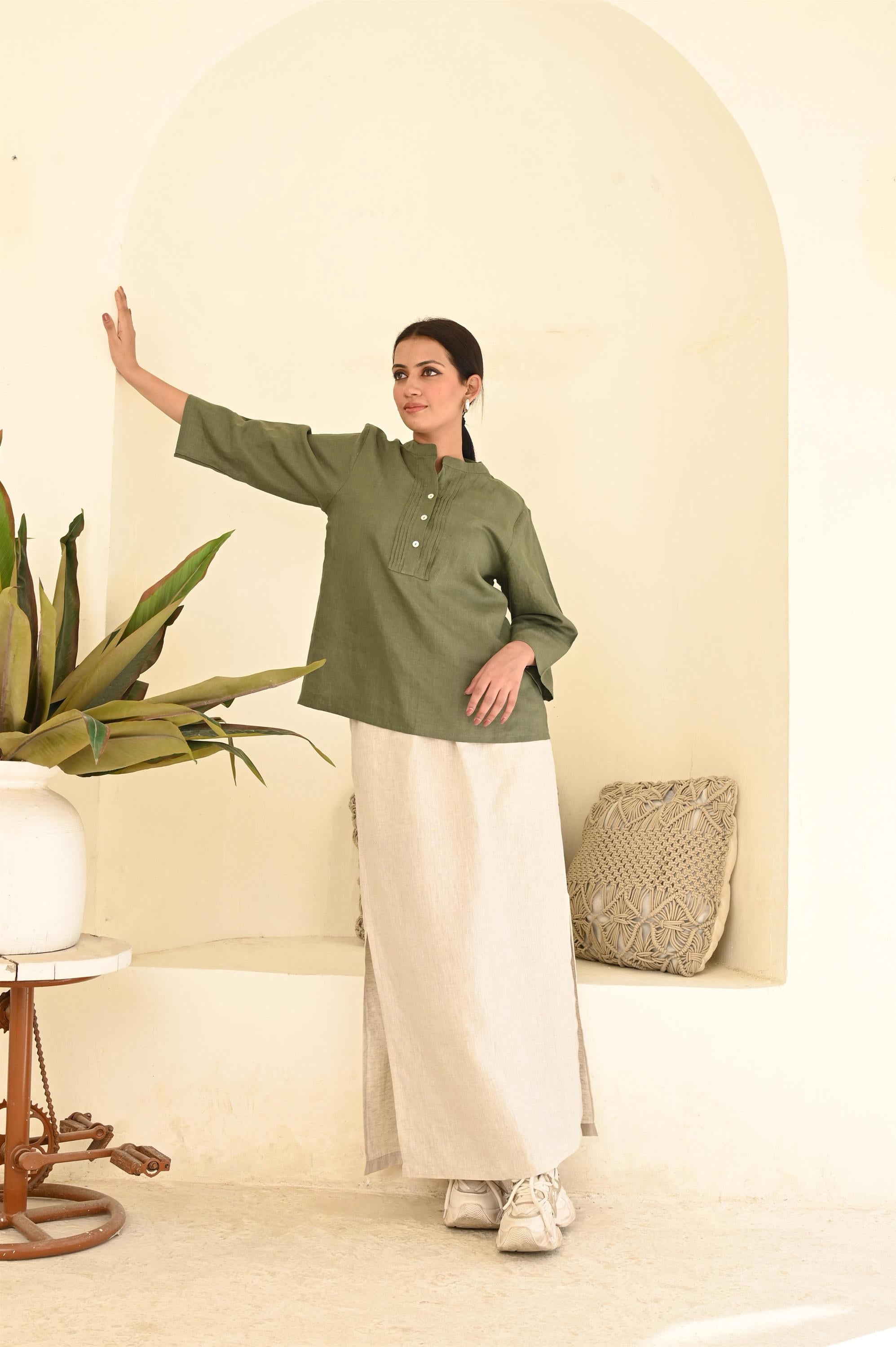 Moss Green Linen Blouse: Pintuck Detail, Long Sleeves