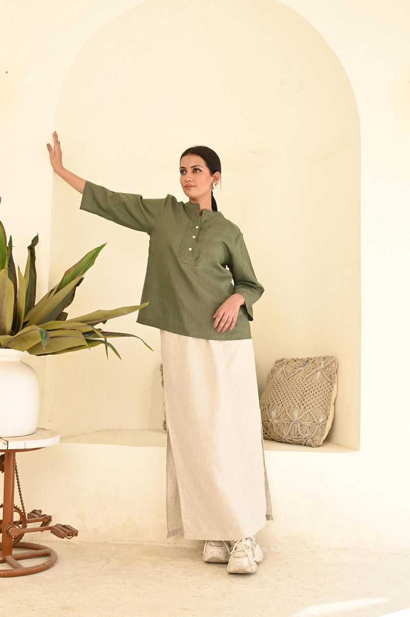 Moss Green Linen Pintuck Blouse, photo 2