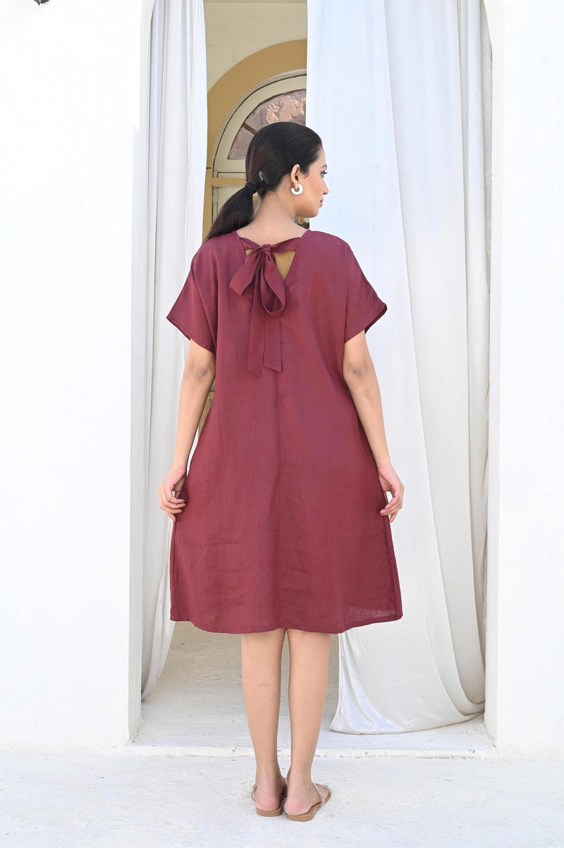 Loose Linen Tunic Dress, Bow Back dress with Pockets, Plus Size Linen, Loose Fit Linen Dress, Linen Midi Dress, Handmade Casual Clothing