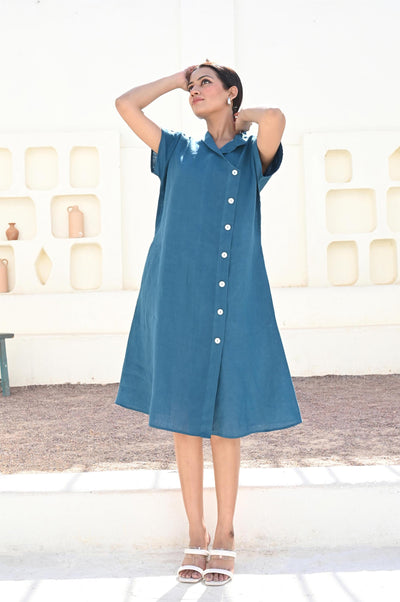 Blue Linen Shirt Dress: Button-Up Oversized Summer Dress With Pockets, Short Sleeve Summer Flax Dress