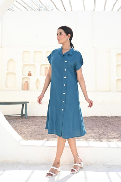 Blue Linen Shirt Dress: Button-Up Oversized Summer Dress With Pockets, Short Sleeve Summer Flax Dress
