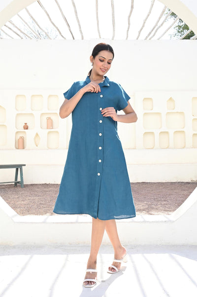 Blue Linen Shirt Dress: Button-Up Oversized Summer Dress With Pockets, Short Sleeve Summer Flax Dress