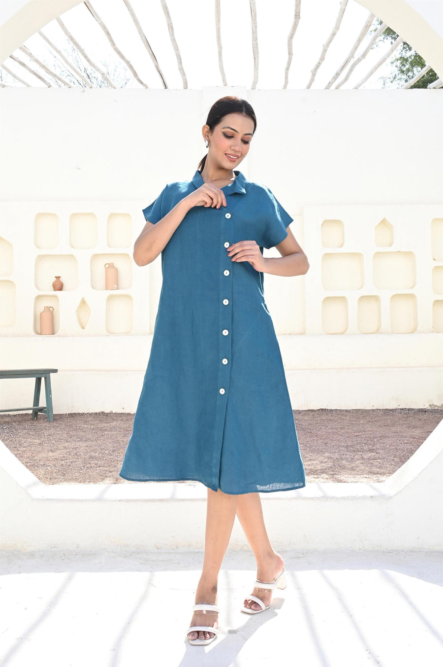 Blue Linen Shirt Dress: Button-Up Oversized Summer Dress With Pockets, Short Sleeve Summer Flax Dress