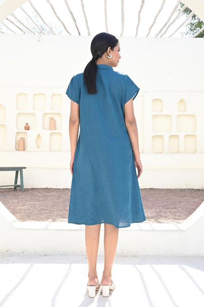 Blue Linen Shirt Dress: Button-Up Oversized Summer Dress With Pockets, Short Sleeve Summer Flax Dress