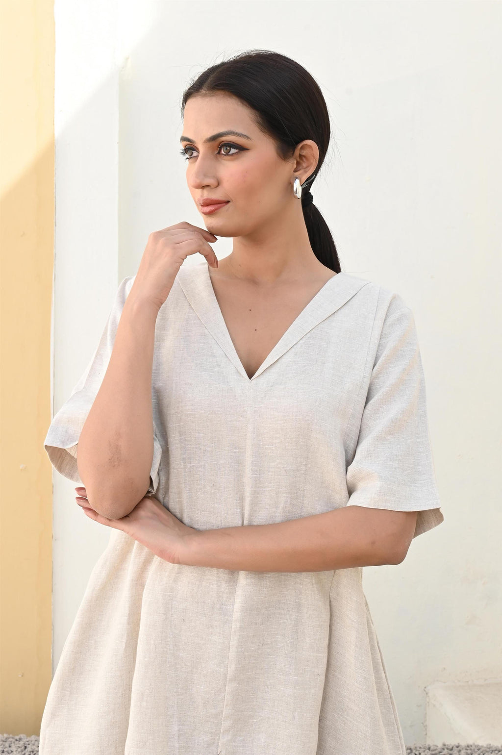 V-Neck Linen Dress, Half Sleeve Loose Fit Summer Dress, linen dress forwomen, linen midi sundress