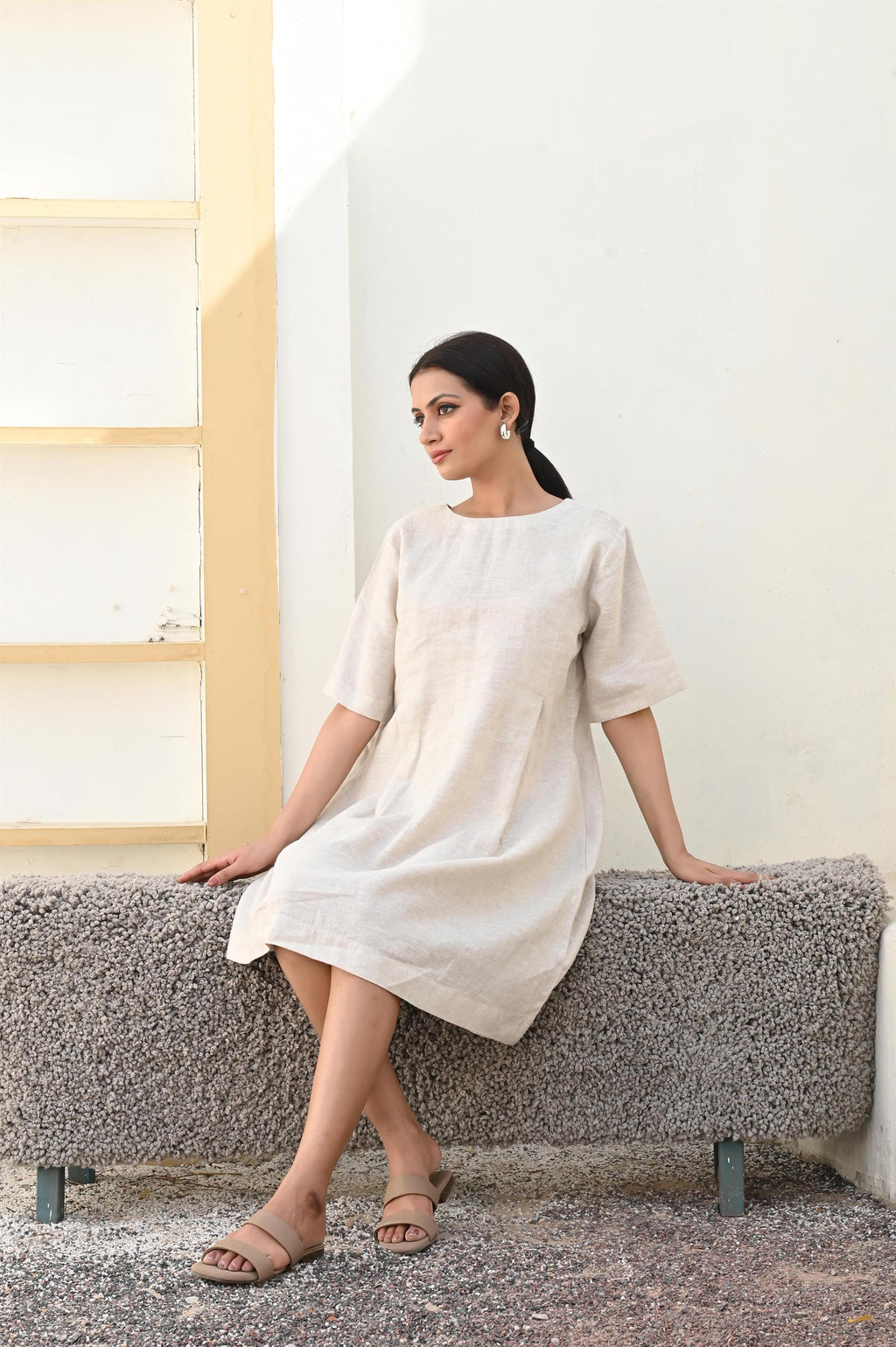 Linen Tunic Dress, Loose Fit, V-Neck, Plus Size with Pockets, Half Sleeves Relaxed Fit