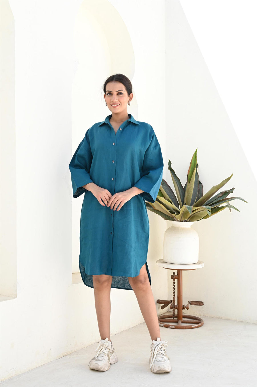 Linen Collar Shirt, Long sleeves Shirt, Blue Linen Shirt for women, Oversized Linen Shirt, 3/4 Sleeve Women Shirt