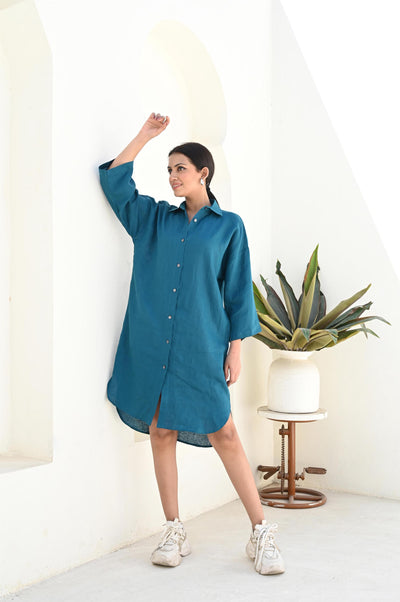 Linen Collar Shirt, Long sleeves Shirt, Blue Linen Shirt for women, Oversized Linen Shirt, 3/4 Sleeve Women Shirt