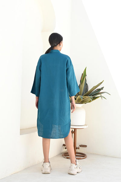 Linen Collar Shirt, Long sleeves Shirt, Blue Linen Shirt for women, Oversized Linen Shirt, 3/4 Sleeve Women Shirt