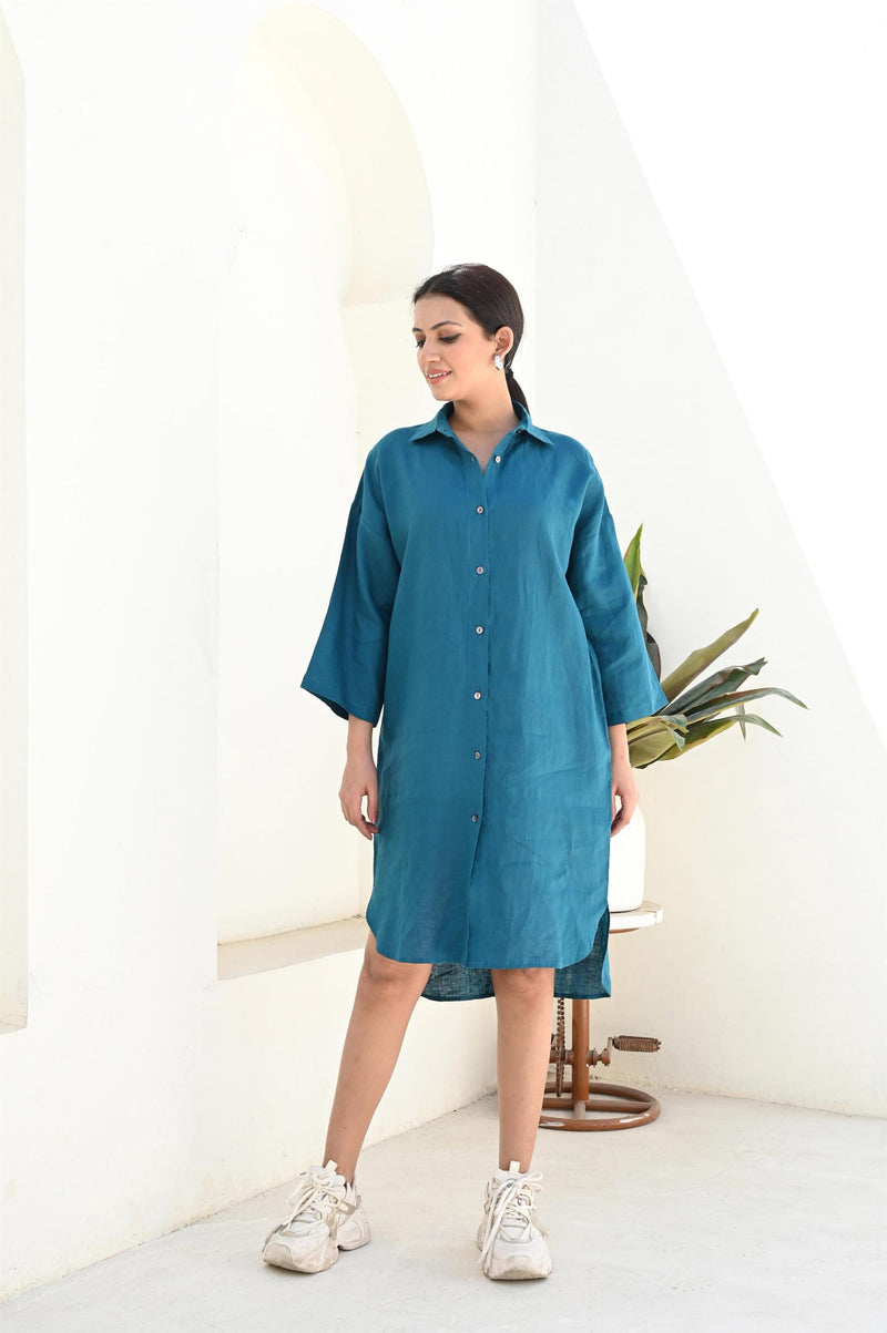 Linen Collar Shirt, Long sleeves Shirt, Blue Linen Shirt for women, Oversized Linen Shirt, 3/4 Sleeve Women Shirt