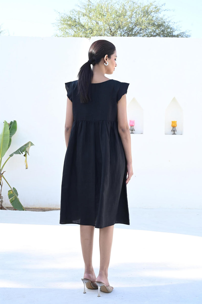 Black Linen Midi Dress with Ruffle Trim, photo 3