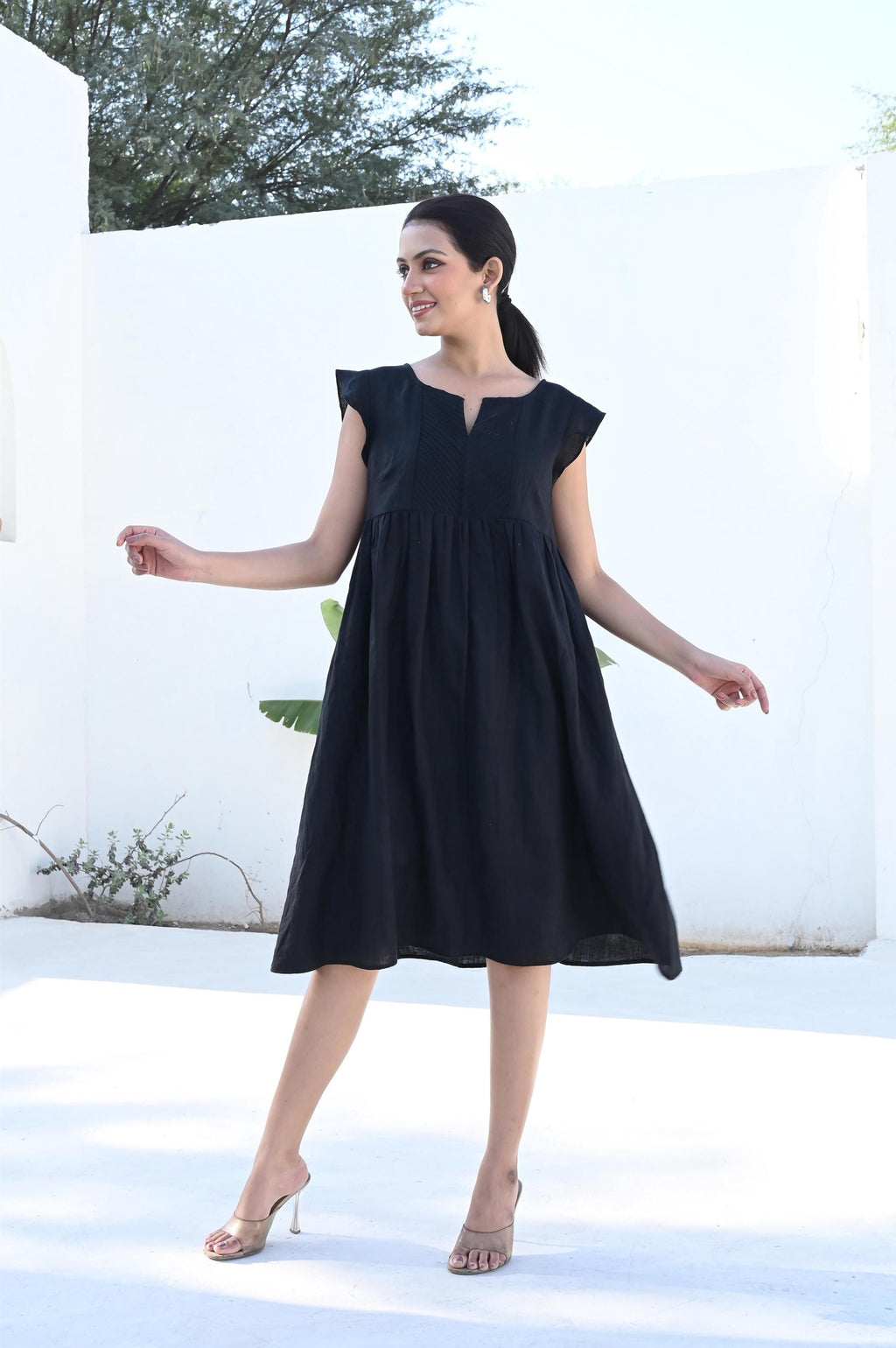 Black Linen Dress, Pin-Tucked Yoke, Ruffle Sleeves, Midi-Length Linen Dress with pockets, Casual Dress, Bridesmaid Dress, Mothers Day Gift