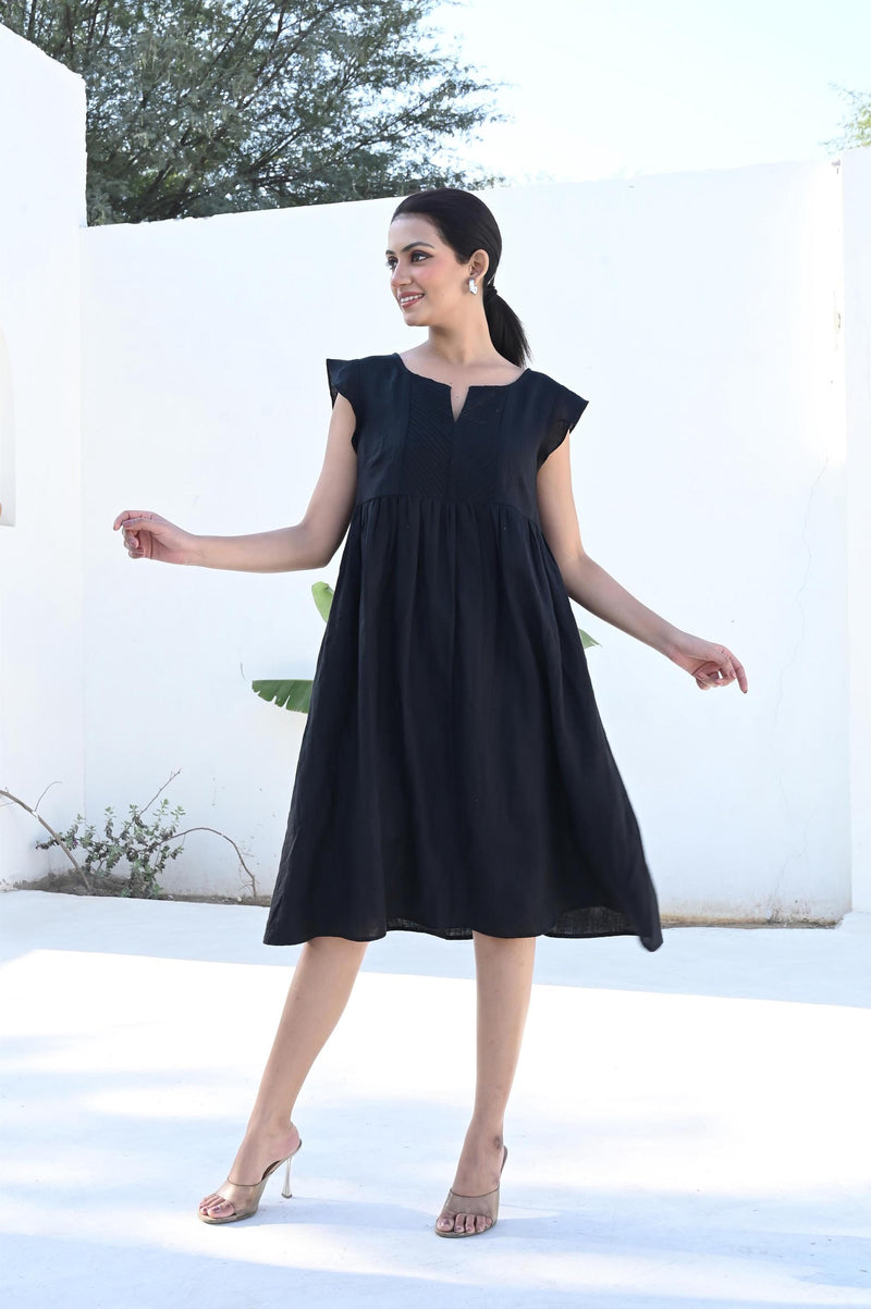 Black Linen Midi Dress with Ruffle Trim, photo 2