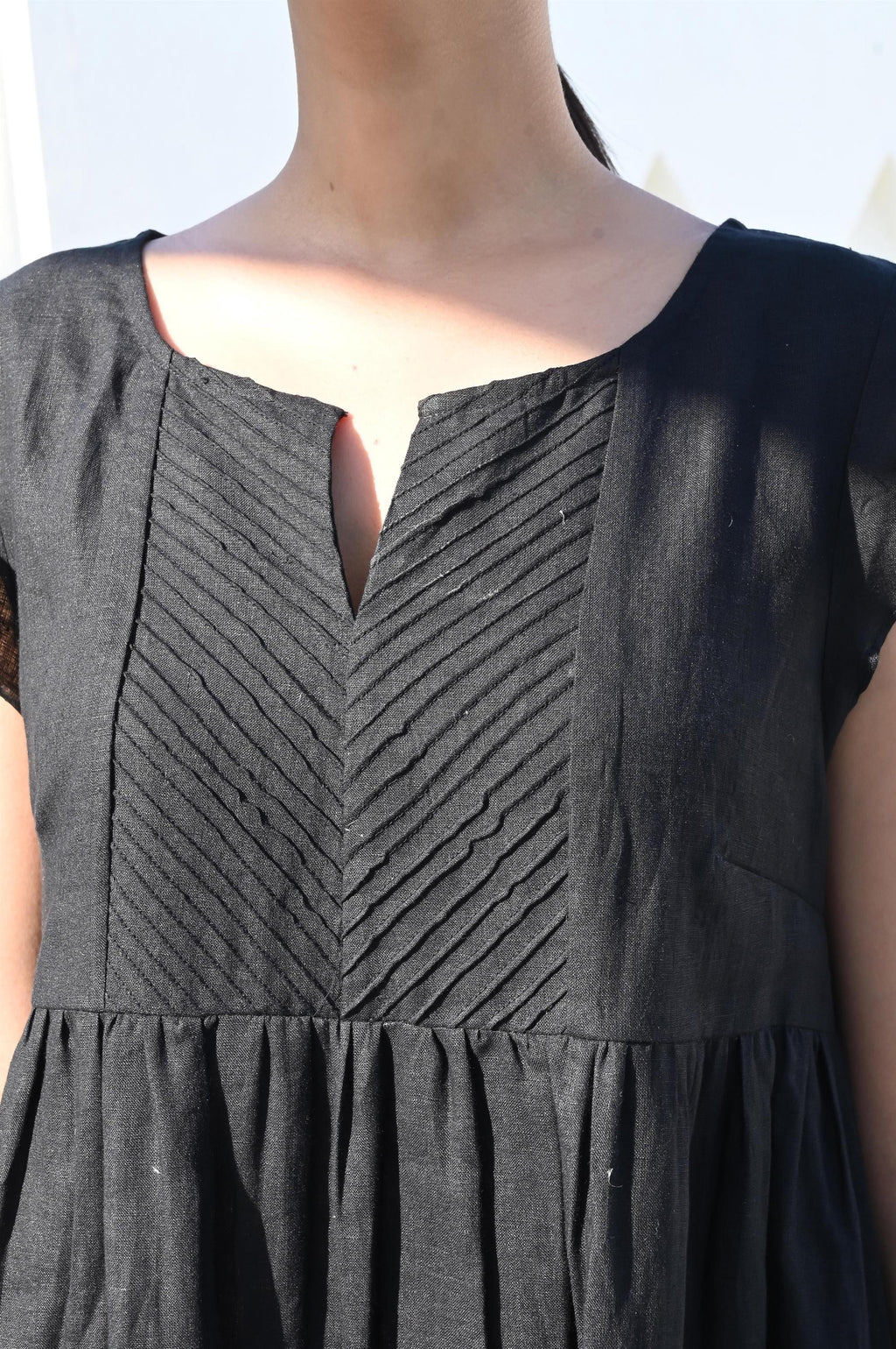 Black Linen Dress, Pin-Tucked Yoke, Ruffle Sleeves, Midi-Length Linen Dress with pockets, Casual Dress, Bridesmaid Dress, Mothers Day Gift