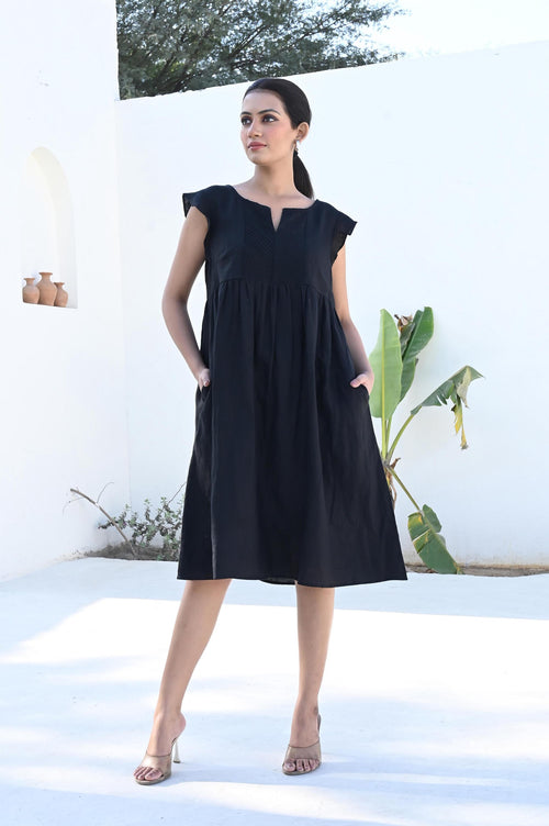 Black Linen Dress, Pin-Tucked Yoke, Ruffle Sleeves, Midi-Length Linen Dress with pockets, Casual Dress, Bridesmaid Dress, Mothers Day Gift