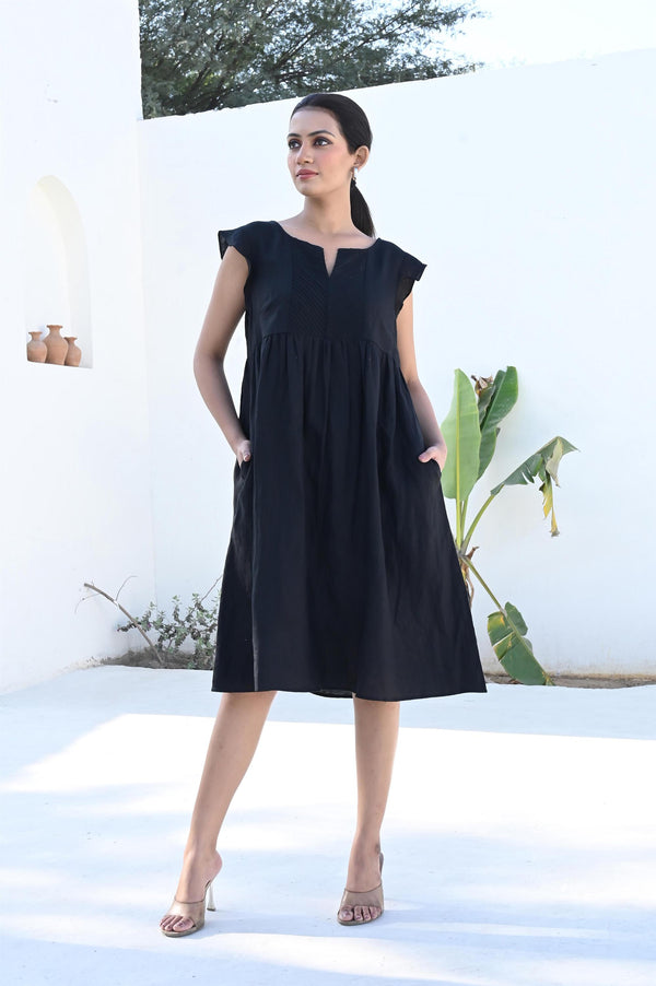Black Linen Midi Dress with Ruffle Trim