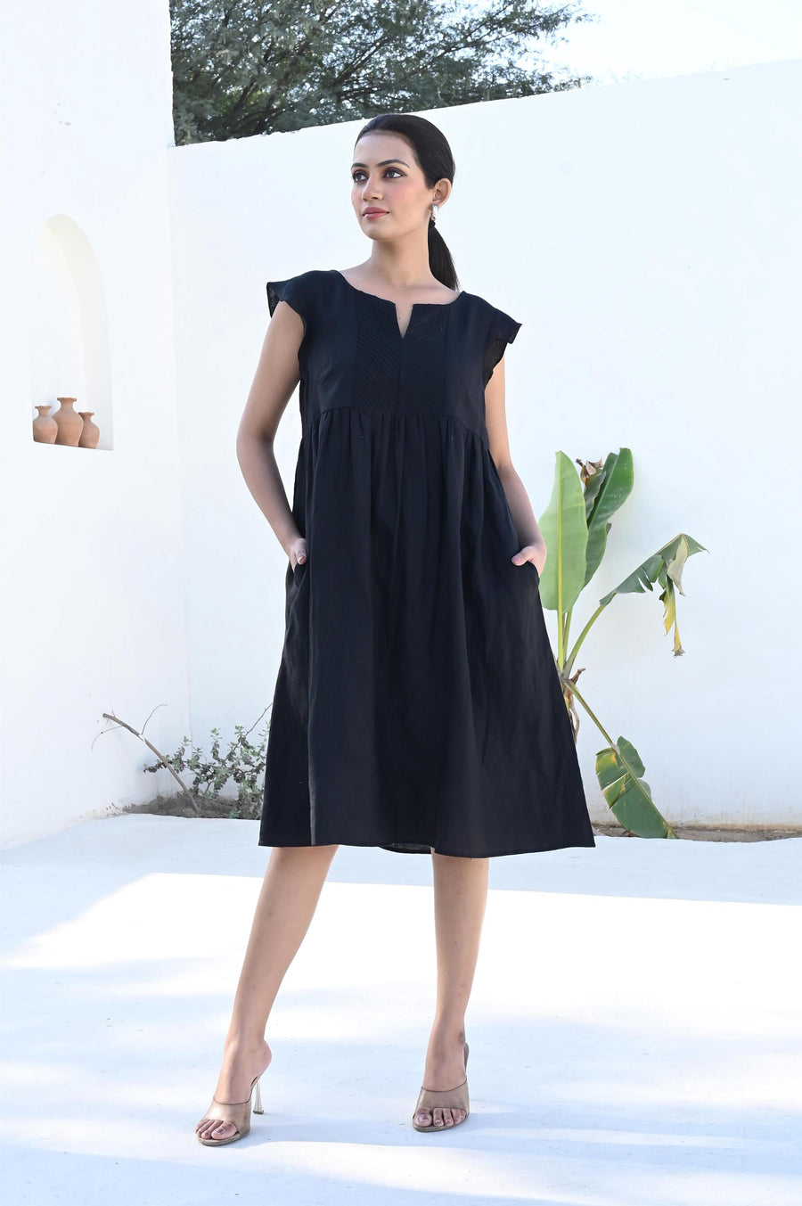 Black Linen Midi Dress with Ruffle Trim