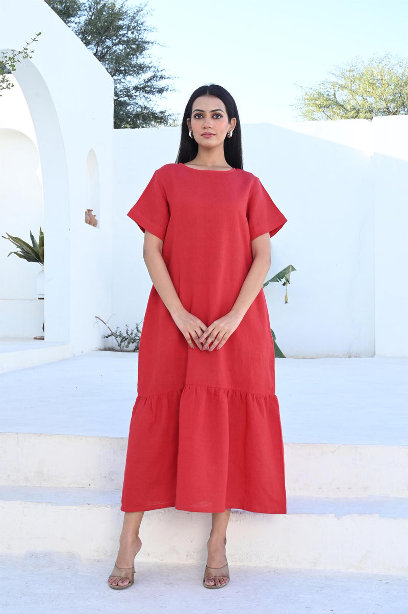 Midi Dress with Gathered Hemline, Wedding Dress, Red Linen Dress , linen maxi dressed, linen dress pocket, plus size linendress,