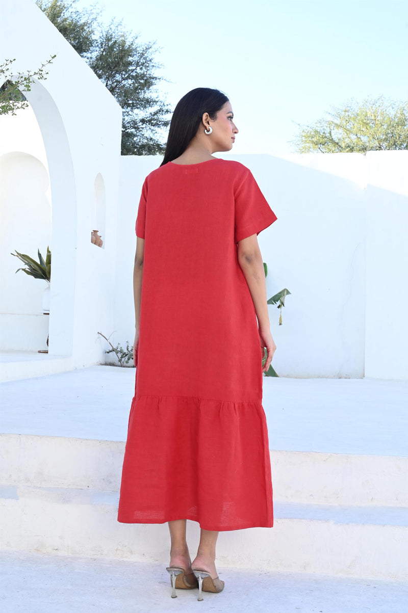 Midi Dress with Gathered Hemline, Wedding Dress, Red Linen Dress , linen maxi dressed, linen dress pocket, plus size linendress,