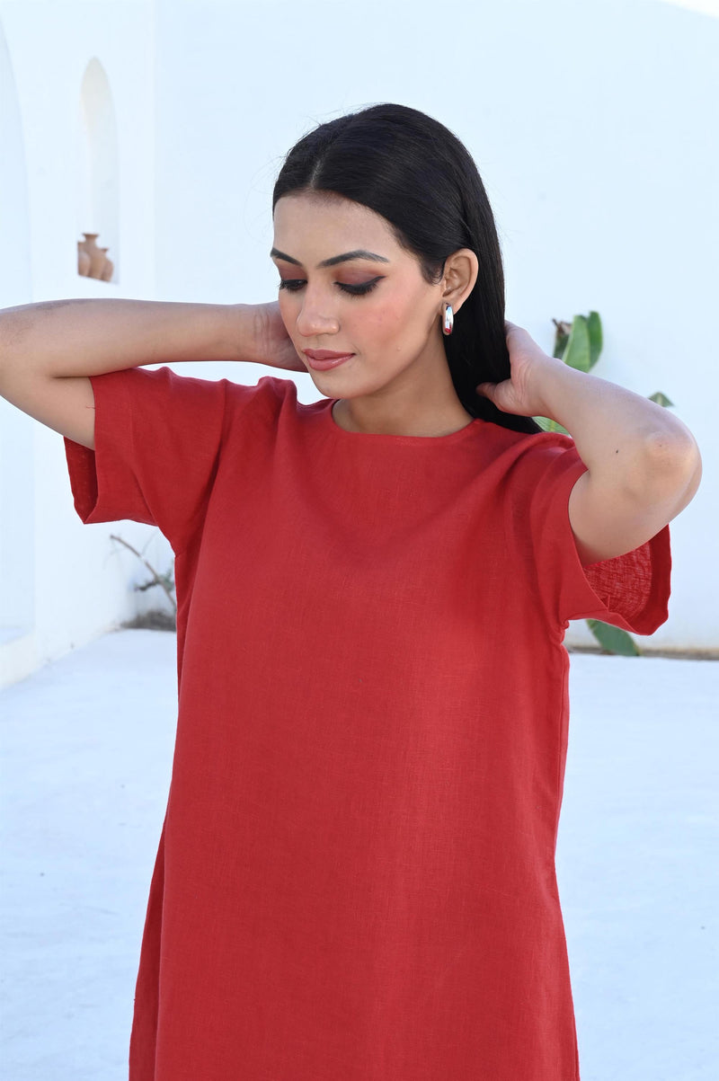 Midi Dress with Gathered Hemline, Wedding Dress, Red Linen Dress , linen maxi dressed, linen dress pocket, plus size linendress,