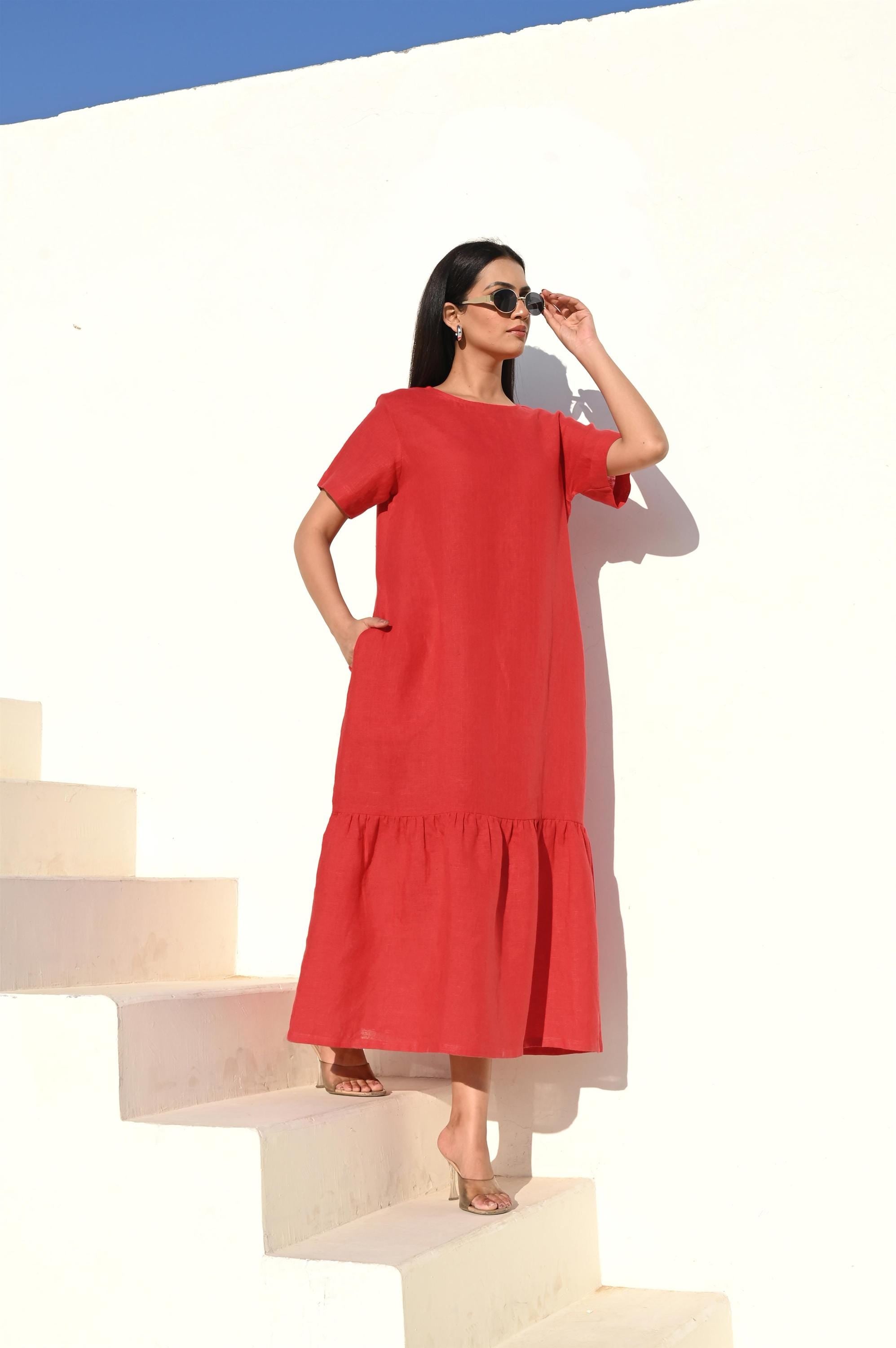Linen Midi Dress with Pockets, Relaxed Fit, Gathered Hem, Romantic Maxi Linen Dress, Summer Beach Party Dress For Women