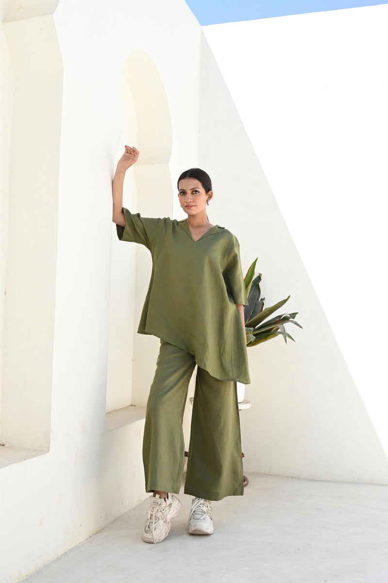 Loose Linen Co-ord Set, Asymmetrical Tunic Top & Palazzo Pants, Custom linen lounge set, Loose Wide Pants, Plus Size