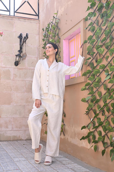 Linen Lounge Set, Women's Relaxed Fit Shirt and Pants, Elastic Waist, Custom Made Linen Co-ord