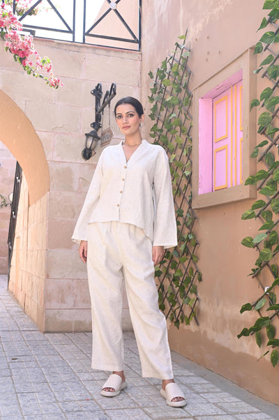 Linen Lounge Set, Women's Relaxed Fit Shirt and Pants, Elastic Waist, Custom Made Linen Co-ord