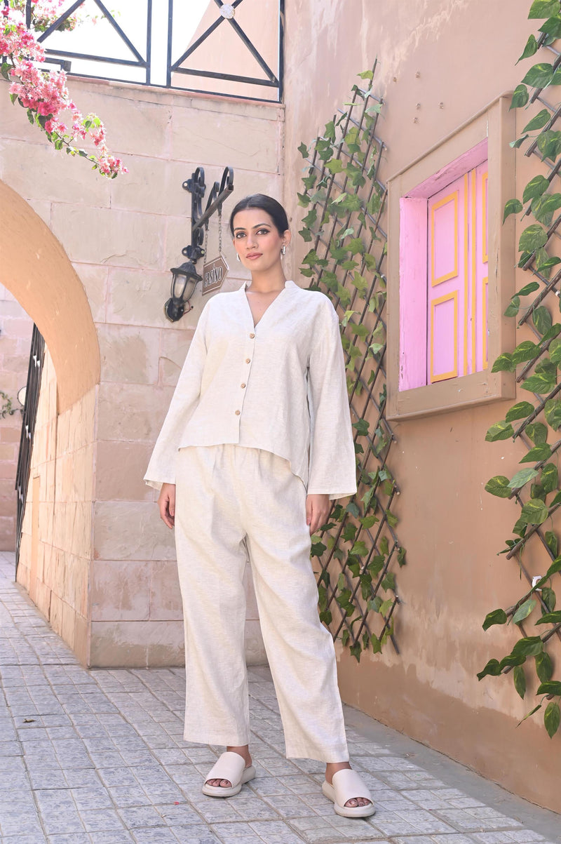Linen Lounge Set, Women's Relaxed Fit Shirt and Pants, Elastic Waist, Custom Made Linen Co-ord