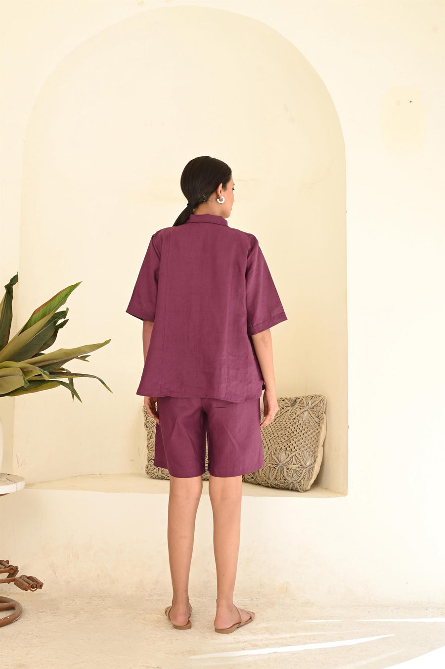 Linen Two-Piece Set: Relaxed Fit Shirt & Shorts Loungewear
