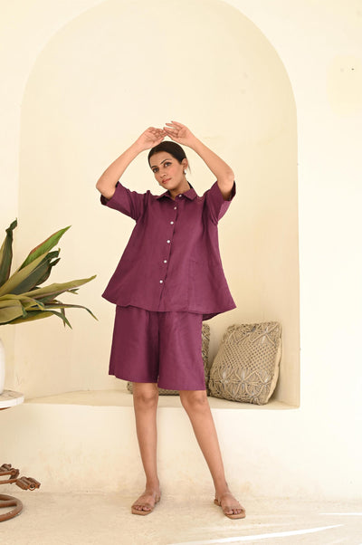 Linen Two-Piece Set: Relaxed Fit Shirt & Shorts Loungewear