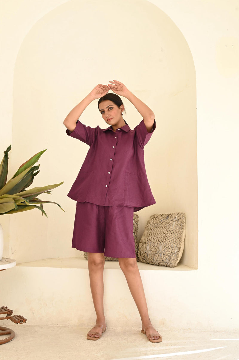 Linen Two-Piece Set: Relaxed Fit Shirt & Shorts Loungewear