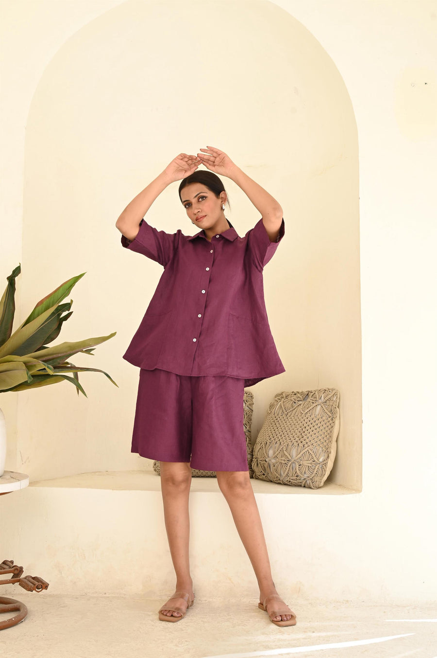 Linen Two-Piece Set: Relaxed Fit Shirt & Shorts Loungewear