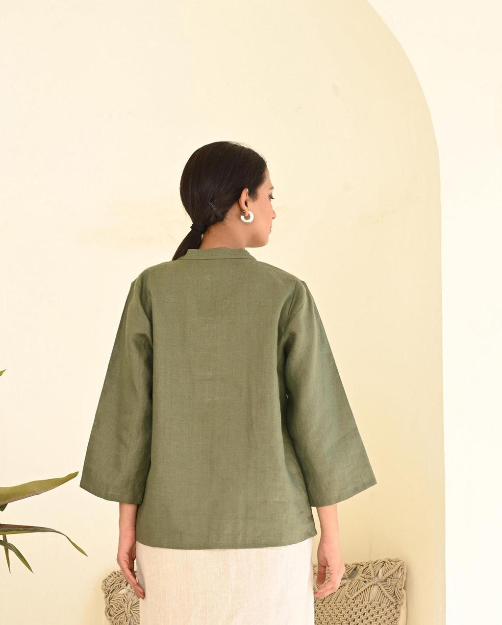 Moss Green Linen Blouse: Pintuck Detail, Long Sleeves