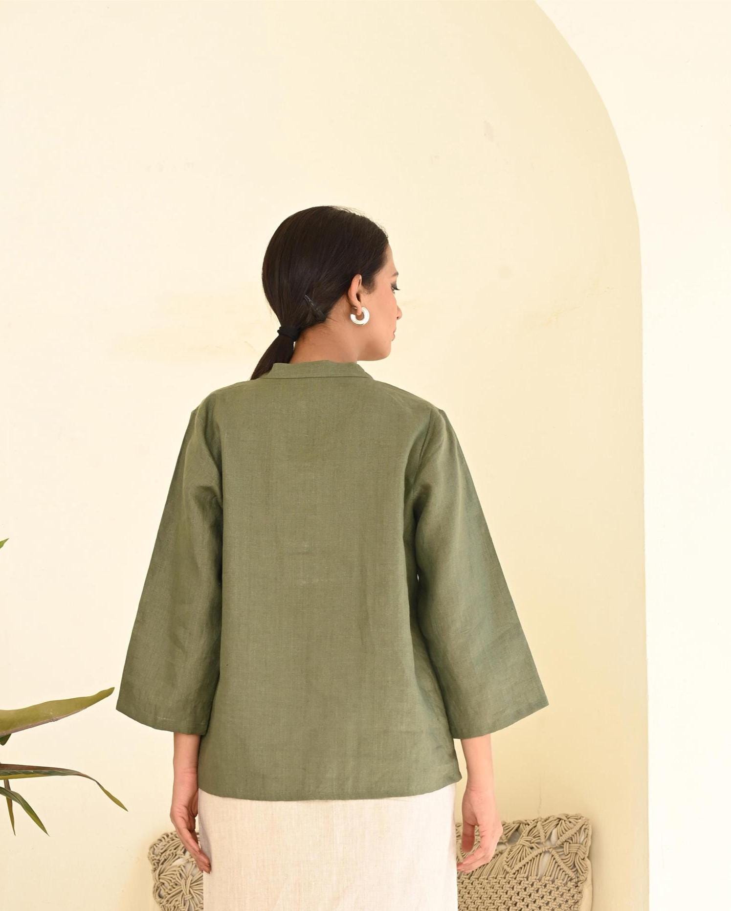 Moss Green Linen Blouse: Pintuck Detail, Long Sleeves
