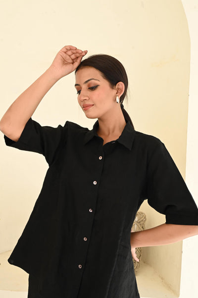 Black Linen Set for Women , Summer Two Piece Outfit , Handmade Linen Shirt and Shorts , Casual Matching Co-ord Set , Linen Loungewear