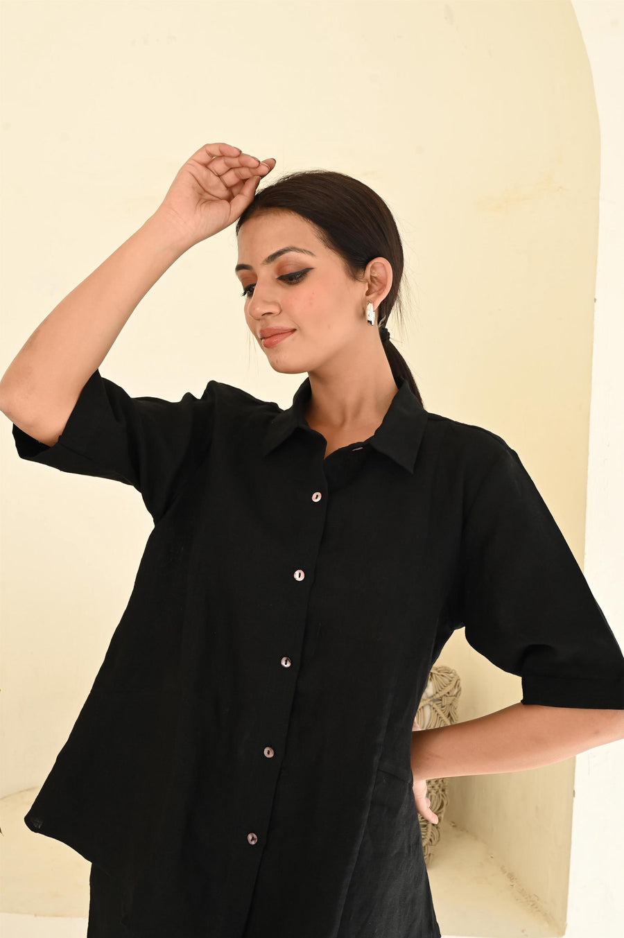 Black Linen Set for Women , Summer Two Piece Outfit , Handmade Linen Shirt and Shorts , Casual Matching Co-ord Set , Linen Loungewear